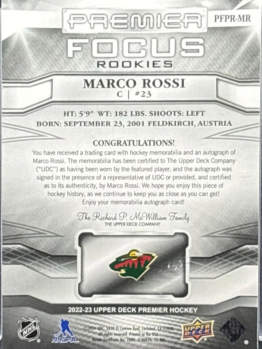 Upper Deck Premier Focus Marco Rossi Rookie Autograph Patch Card LE 65/75
